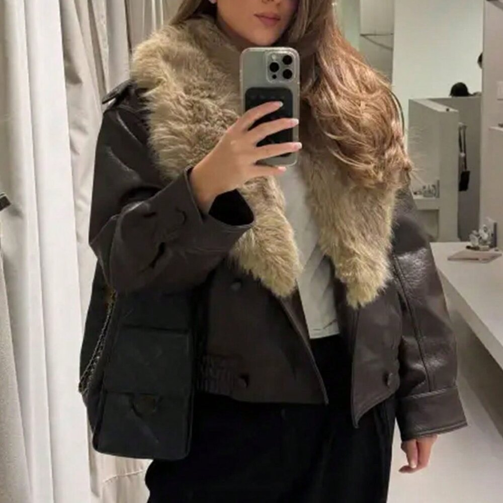 Brown Casual Women's Double-Breasted Leather Jacket - Picture 8 of 8